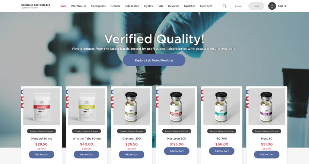 Anabolic-Steroids.to website screenshot showing homepage and product categories