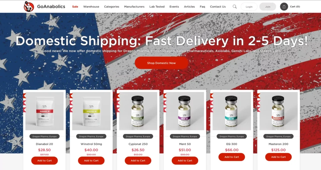 GoAnabolics.to website screenshot showing homepage and product categories