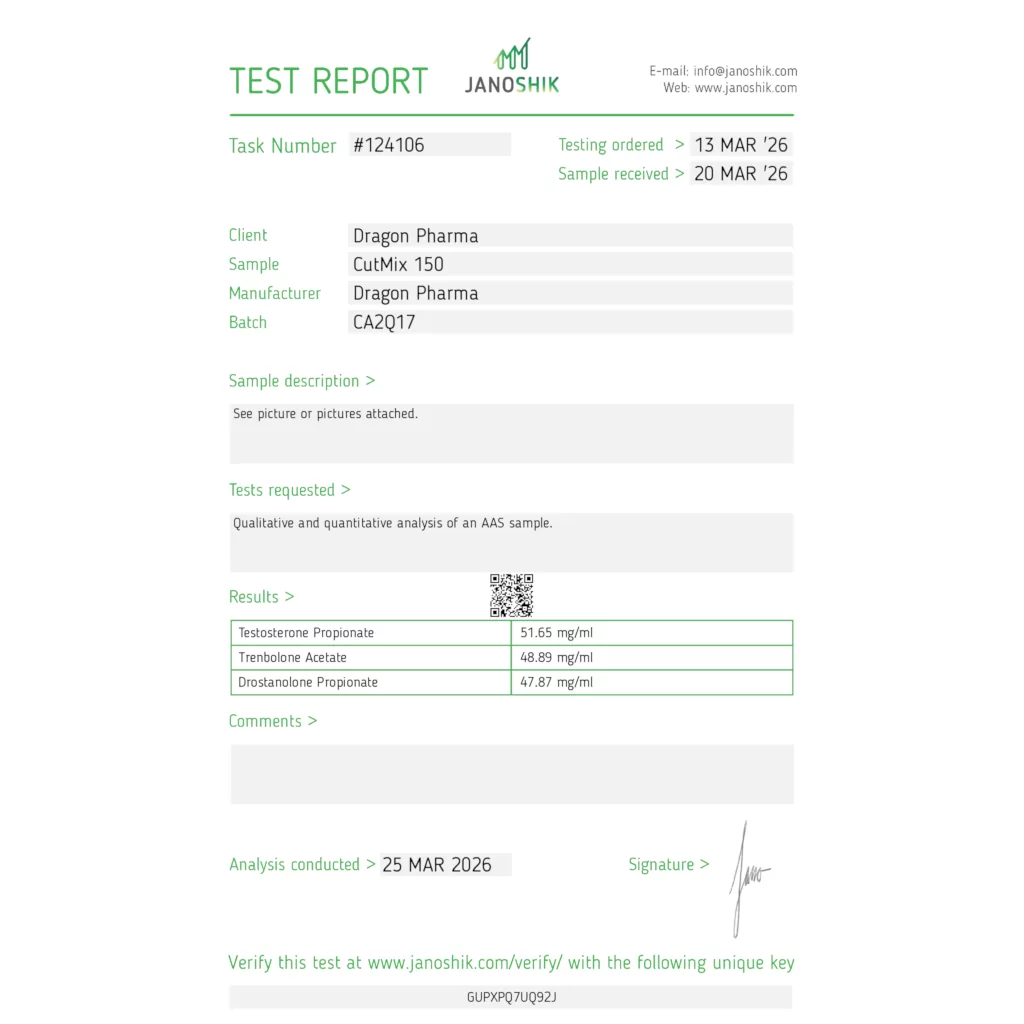 Janoshik lab test for Dragon Pharma Cut Mix 150 showing 158.41 mg (106% potency)
