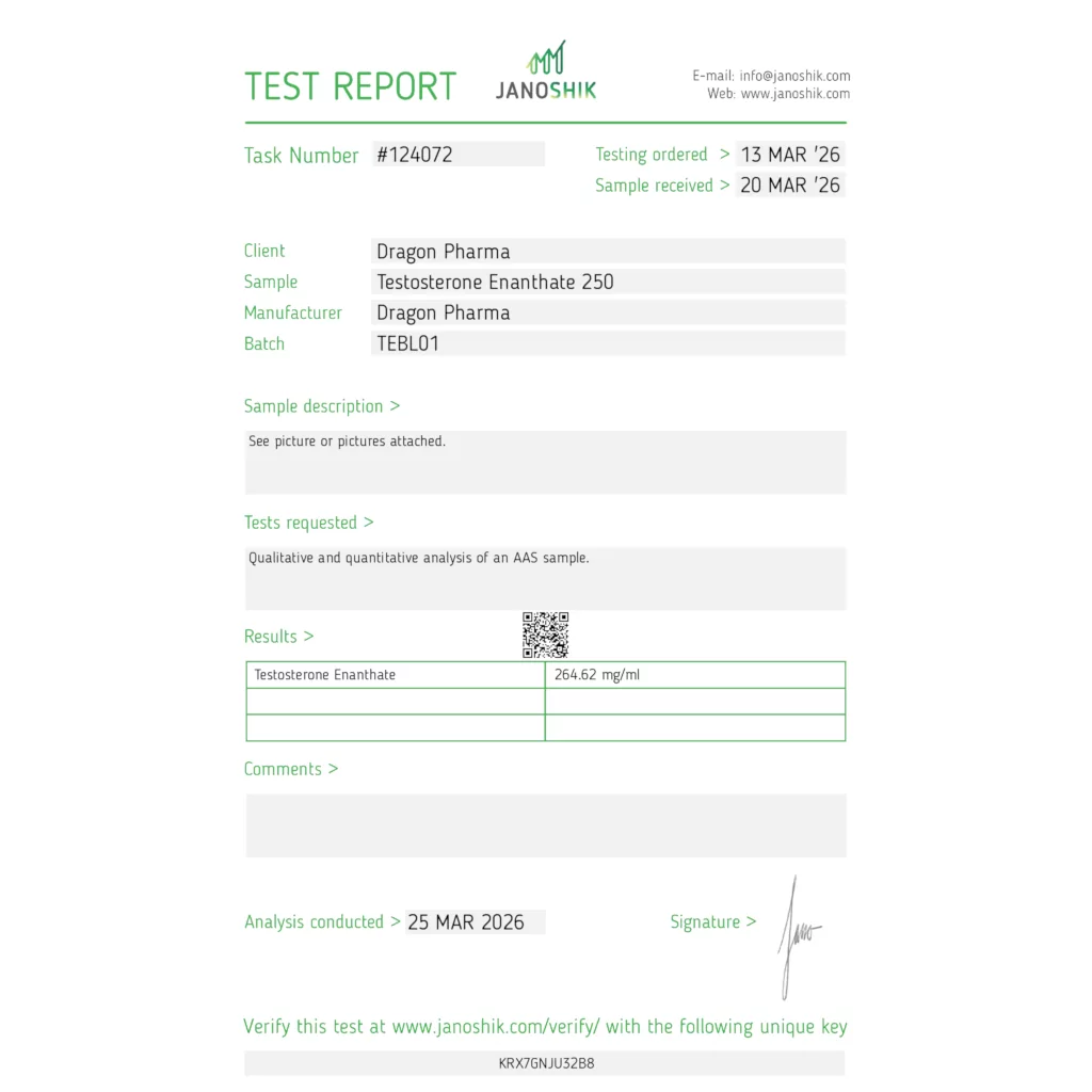 Janoshik lab test for Dragon Pharma Enantat 250 showing 264.62 mg (106% potency)