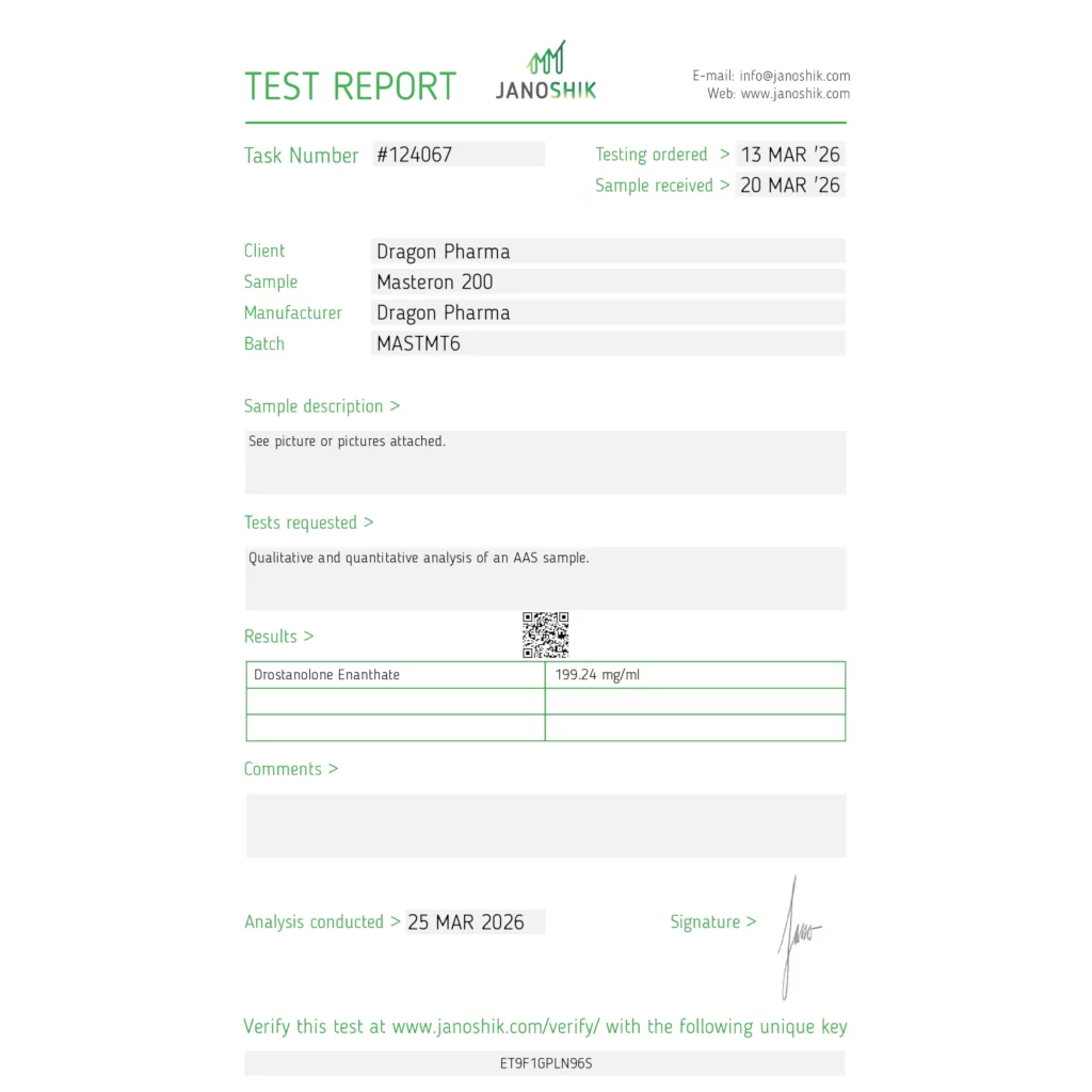 Janoshik lab test for Dragon Pharma Masteron 200 showing 199.24 mg (100% potency)