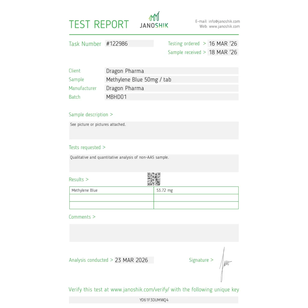 Janoshik lab test for Dragon Pharma Methylene Blue 50mg showing 53.72 mg (107% potency)