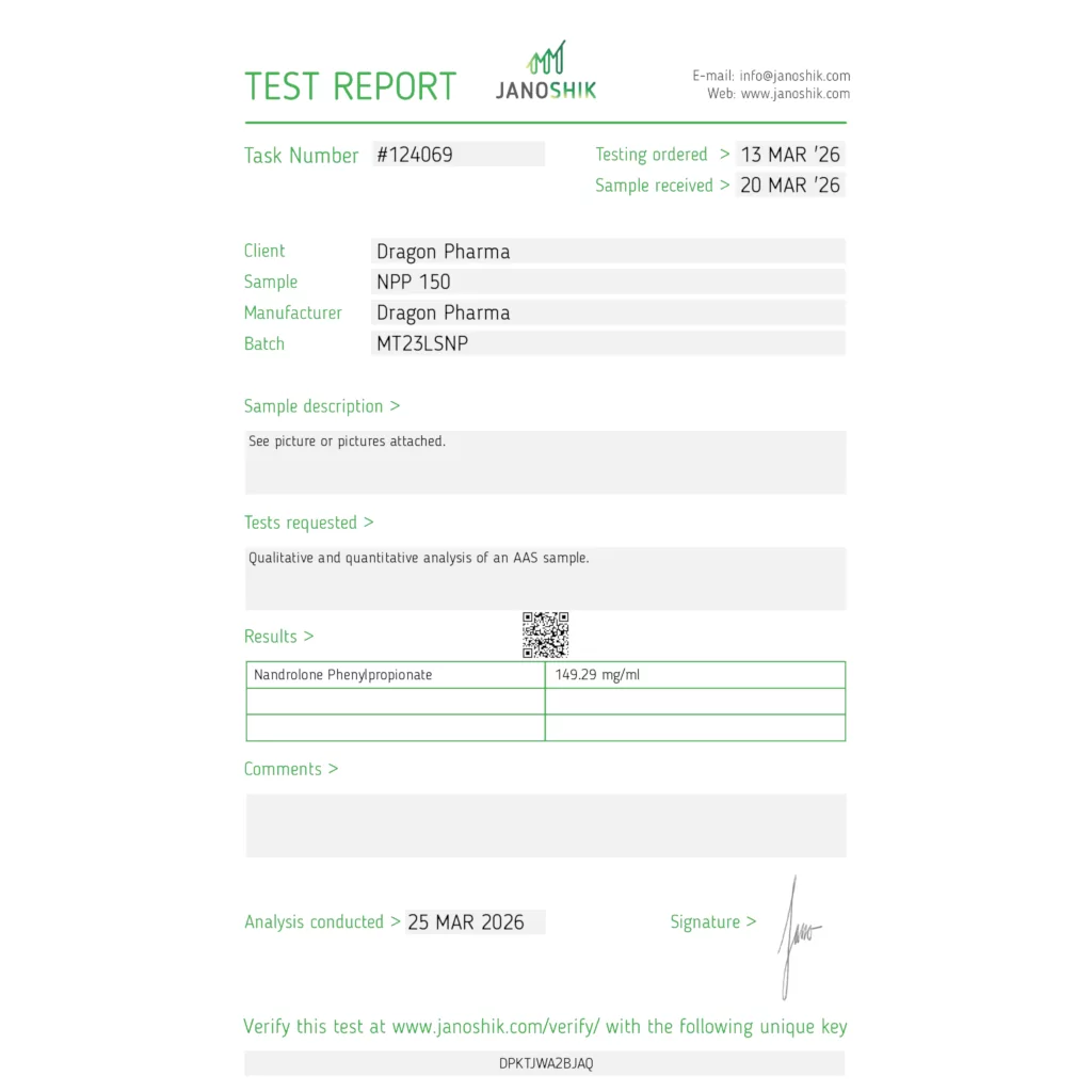 Janoshik lab test for Dragon Pharma NPP 150 showing 149.29 mg (100% potency)