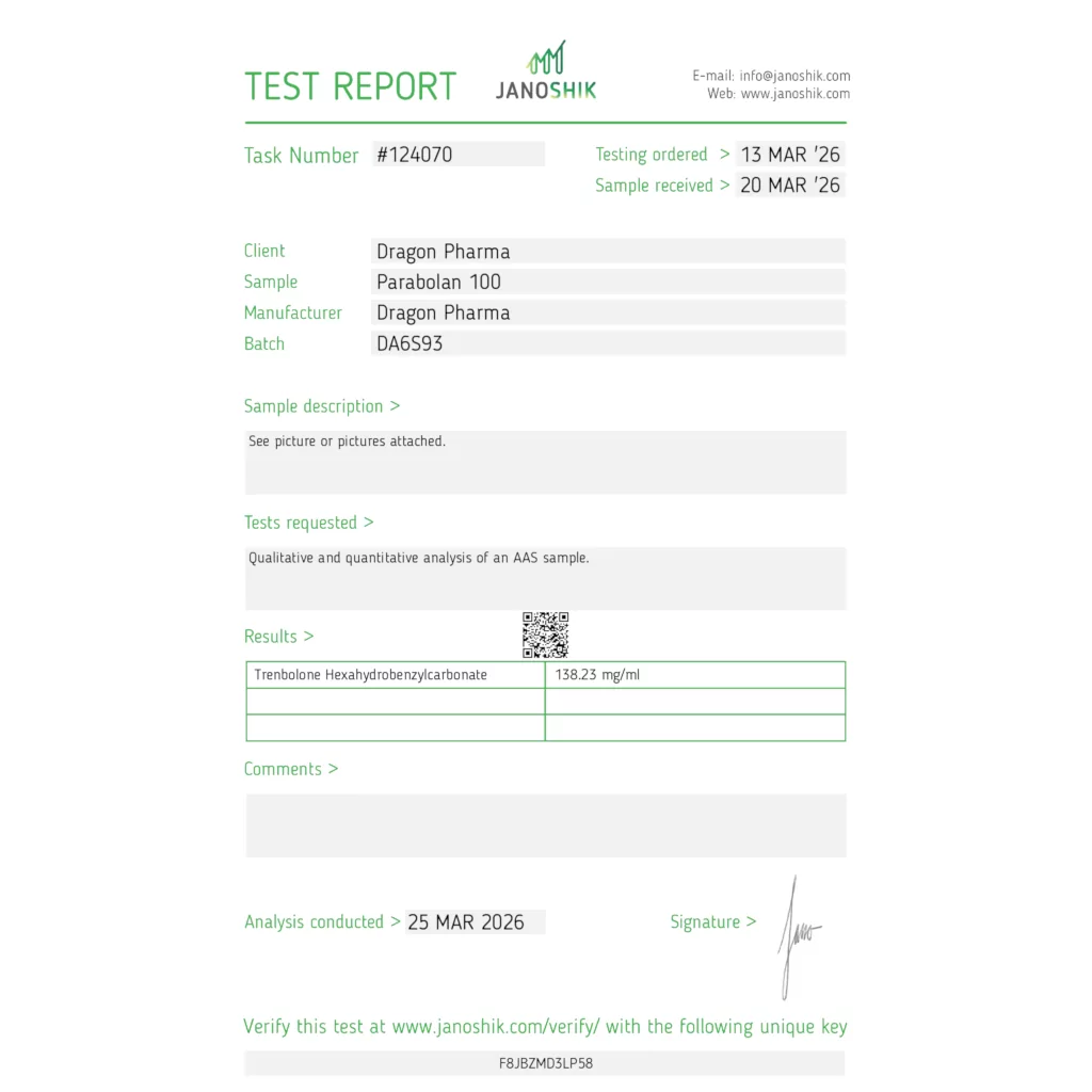 Janoshik lab test for Dragon Pharma Parabolan (Tren Hex) showing 138.23 mg (138% of labeled 100mg claim)