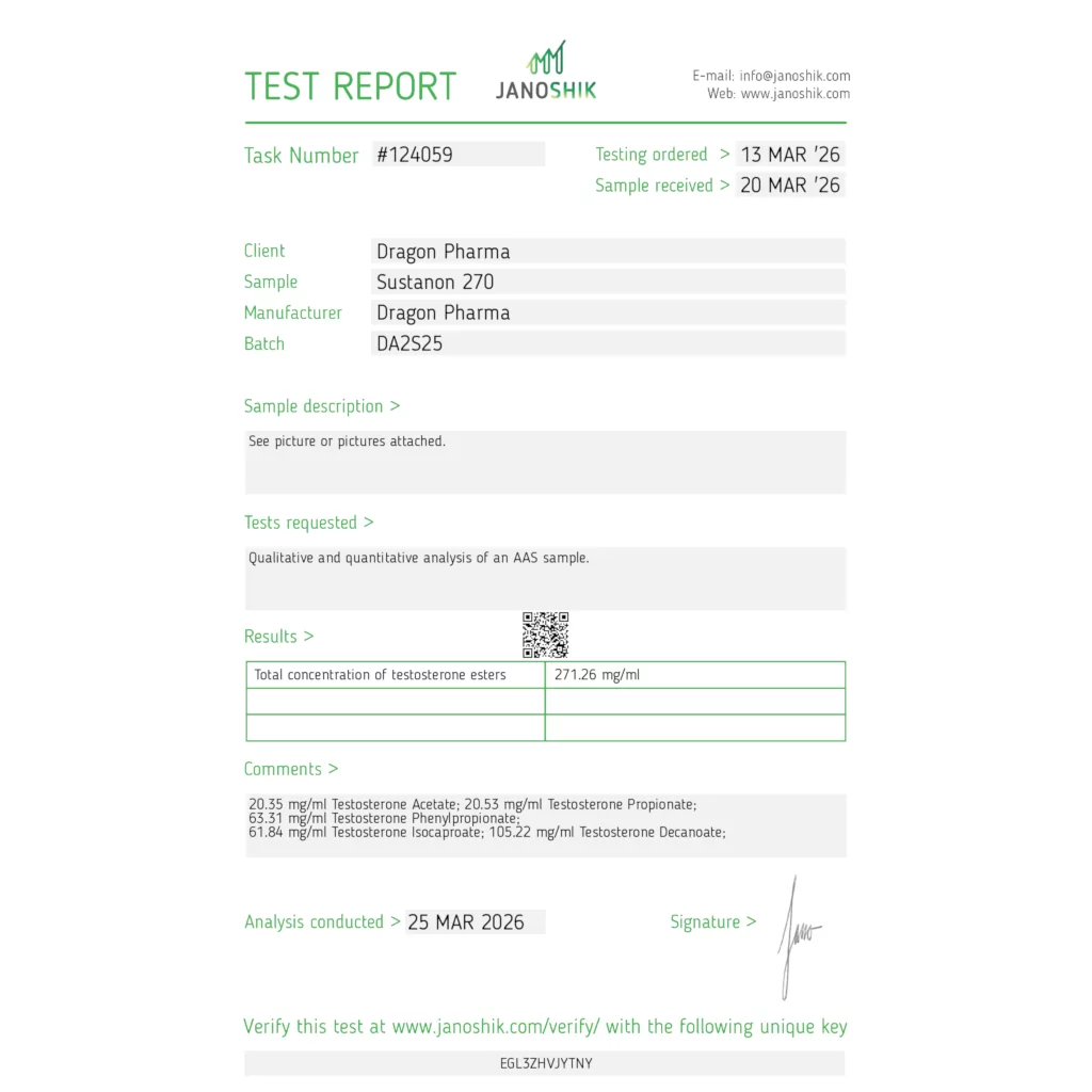 Janoshik lab test for Dragon Pharma Sustanon 270 showing 271.26 mg (100% potency)