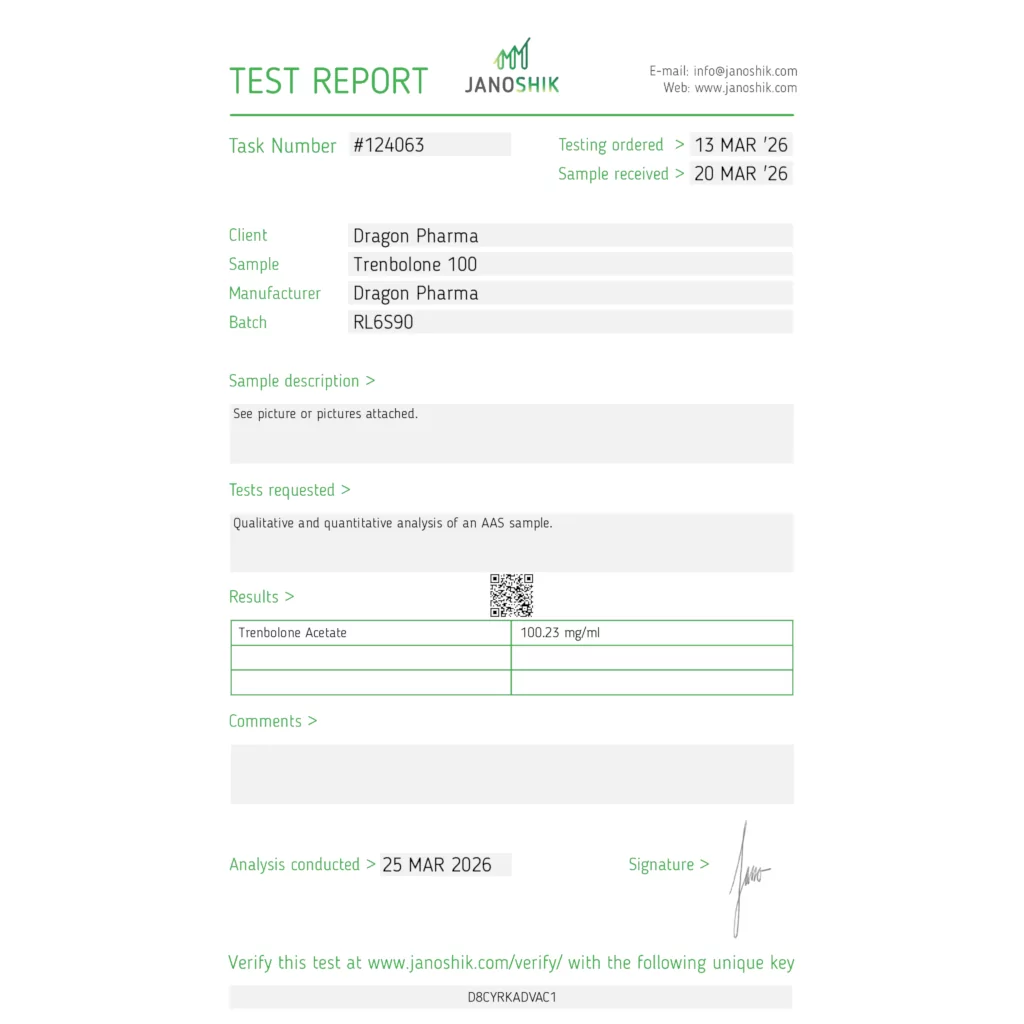 Janoshik lab test for Dragon Pharma Trenbolone 100 showing 100.23 mg (100% potency)