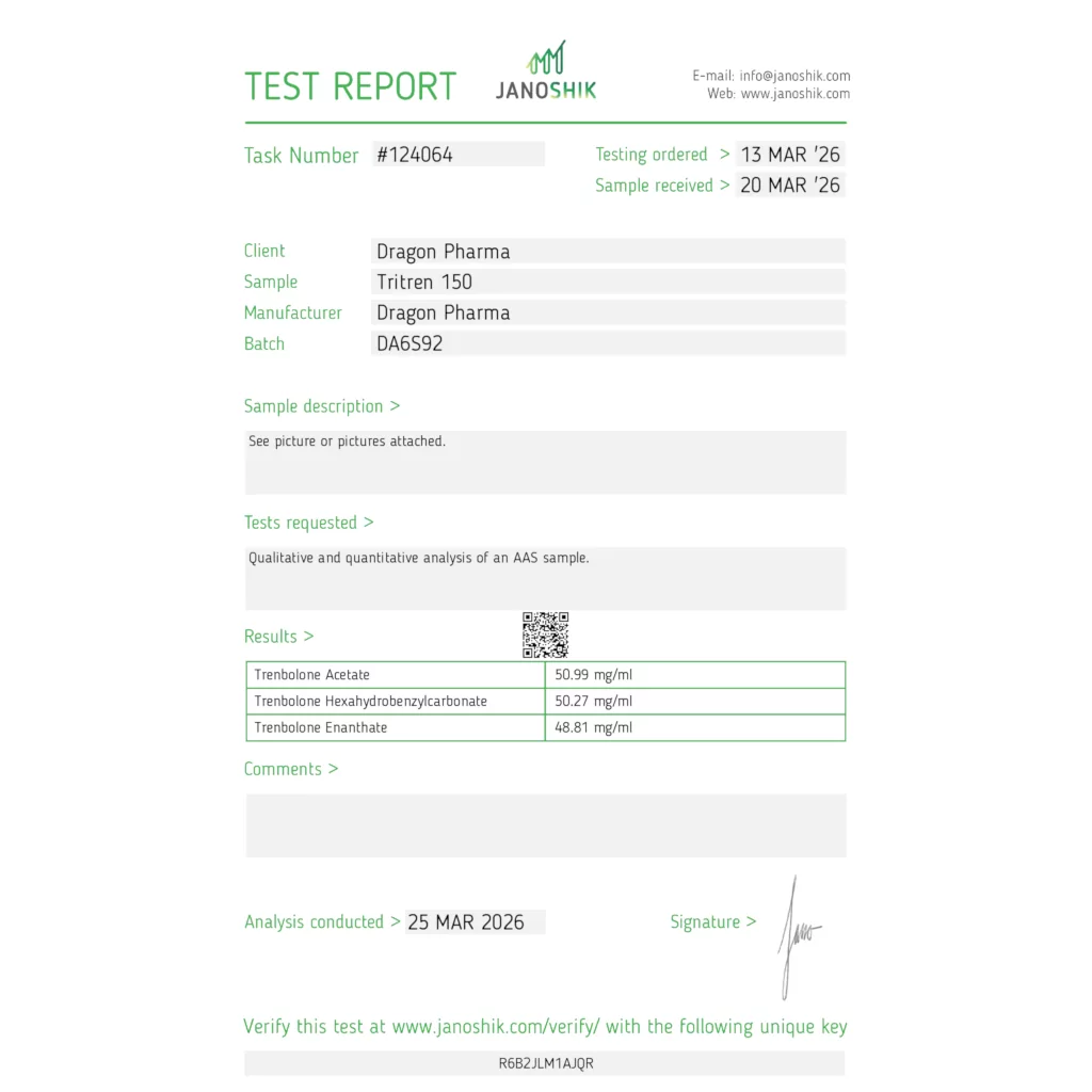 Janoshik lab test for Dragon Pharma Tritren 150 showing 150.07 mg (100% potency)