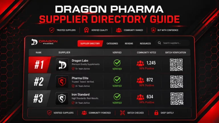 Dragon Pharma Supplier Directory: How to Use It in 2026 Dragon Pharma supplier directory guide showing a list of ranked suppliers with user votes, checkmarks for verified sources, and batch code verification icons.