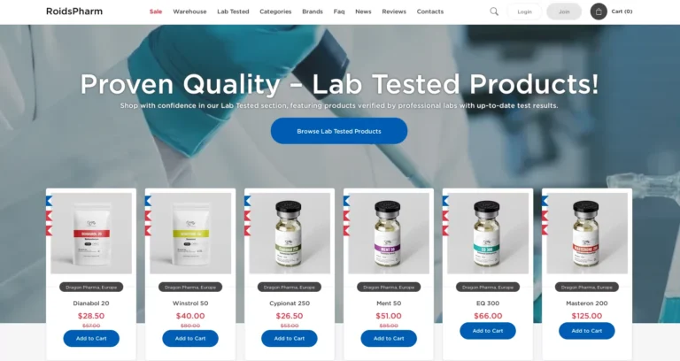 RoidsPharm.to Review RoidsPharm.to website screenshot showing homepage and product categories