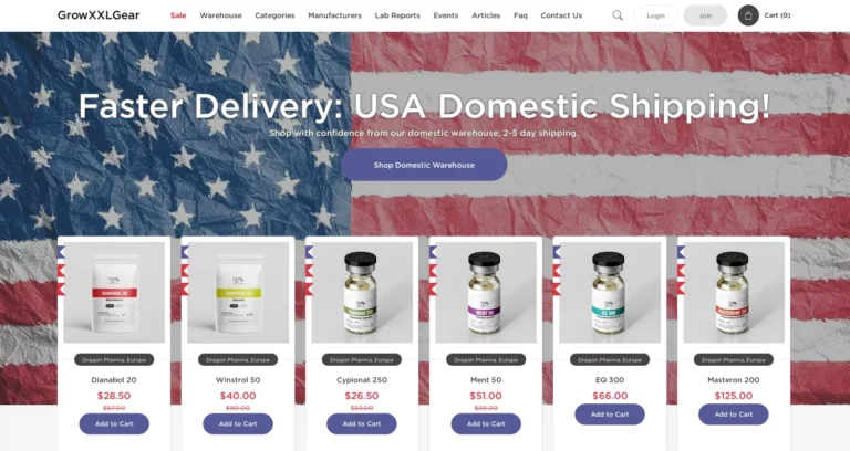 GrowXXLGear.to website screenshot showing homepage and product categories