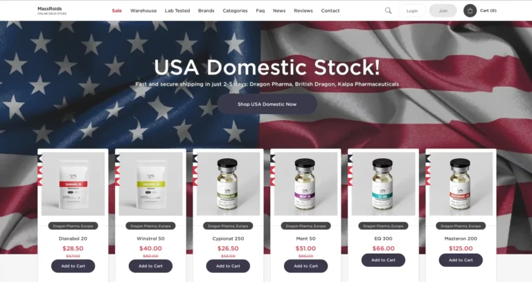 MassRoids.to website screenshot showing homepage and product categories