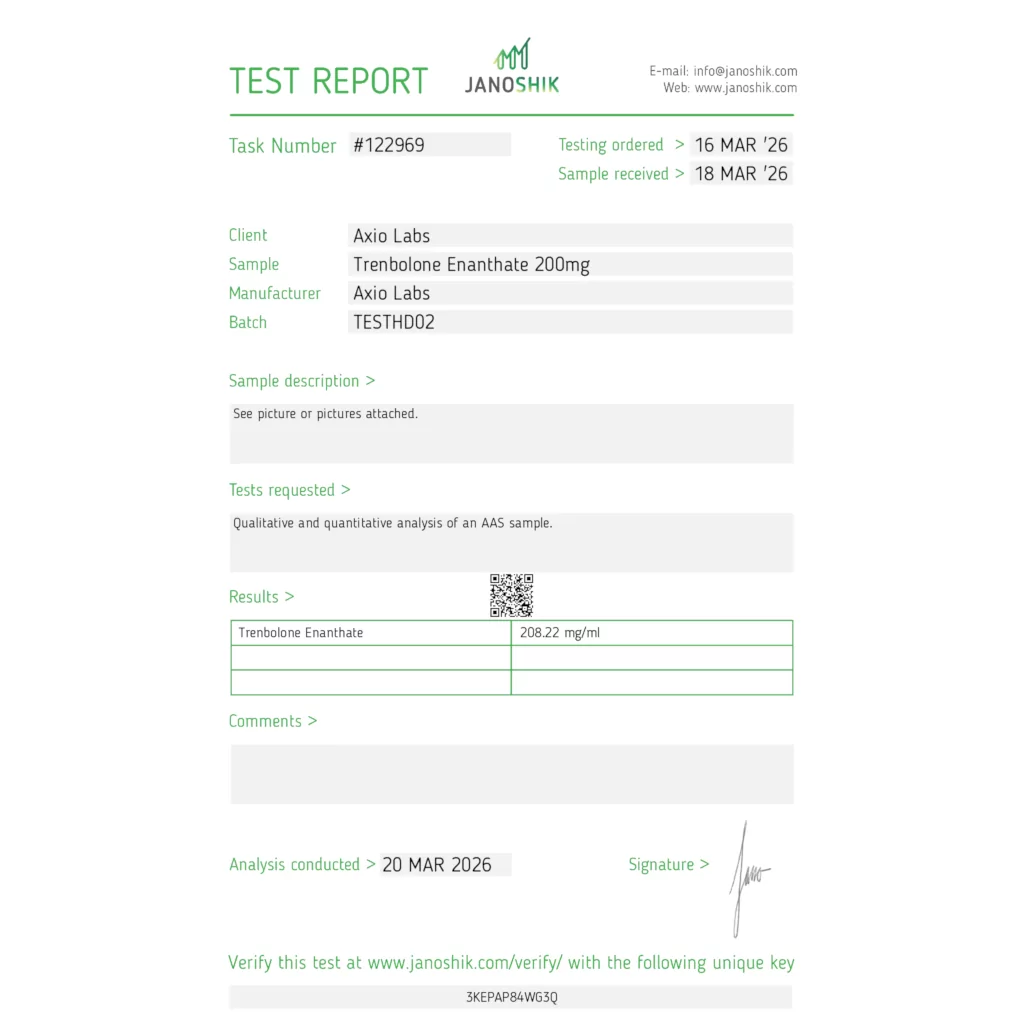 Janoshik lab test for Axiolabs Trenaplex E (Tren Enanthate) 200mg showing 208.22 mg (104% potency)