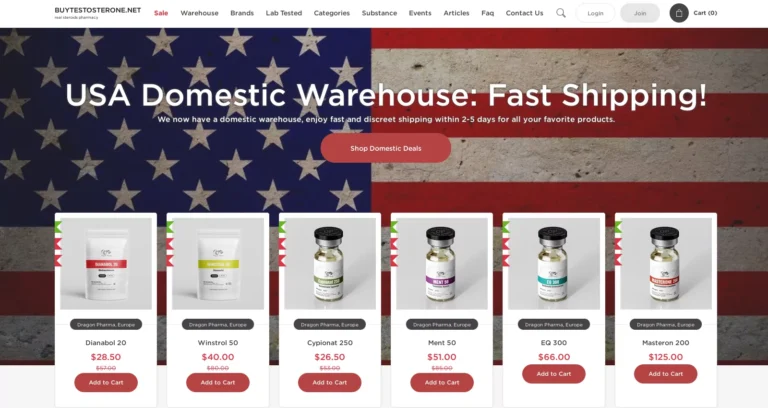 BuyTestosterone.to website screenshot showing homepage and product categories