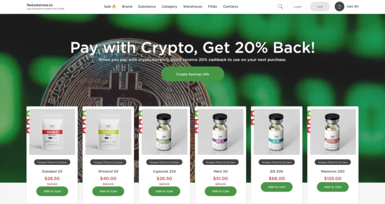 Testosterone.to website screenshot showing homepage and product categories