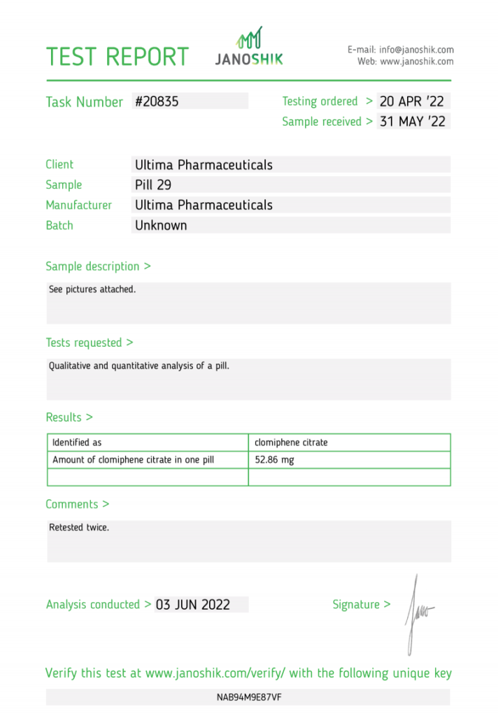 Janoshik lab test for Ultima Clomid 50mg showing 52.86 mg (106% potency)