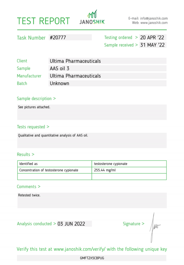 Janoshik lab test for Ultima Test C 250mg showing 255.44 mg (102% potency)