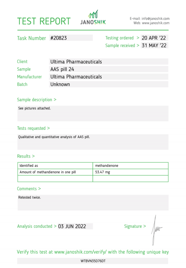 Janoshik lab test for Ultima Dianabol 50mg showing 53.47 mg (107% potency)