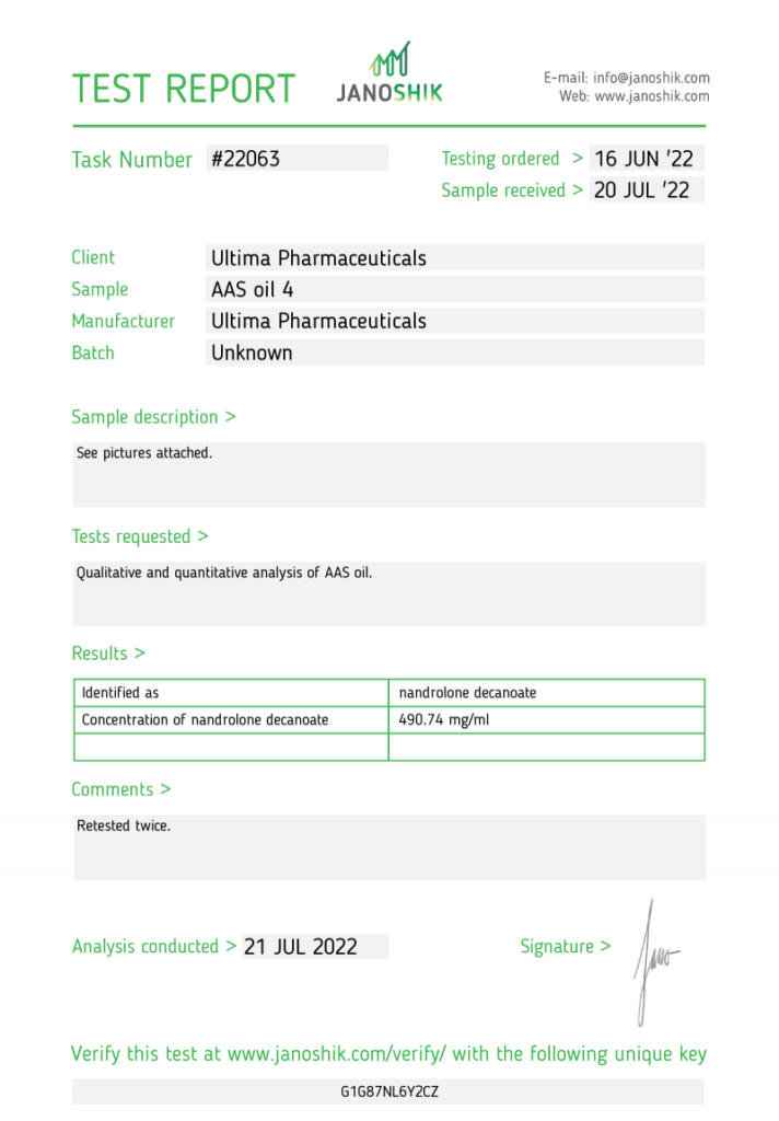 Janoshik lab test for Ultima Deca 500mg showing 490.74 mg (98% potency)