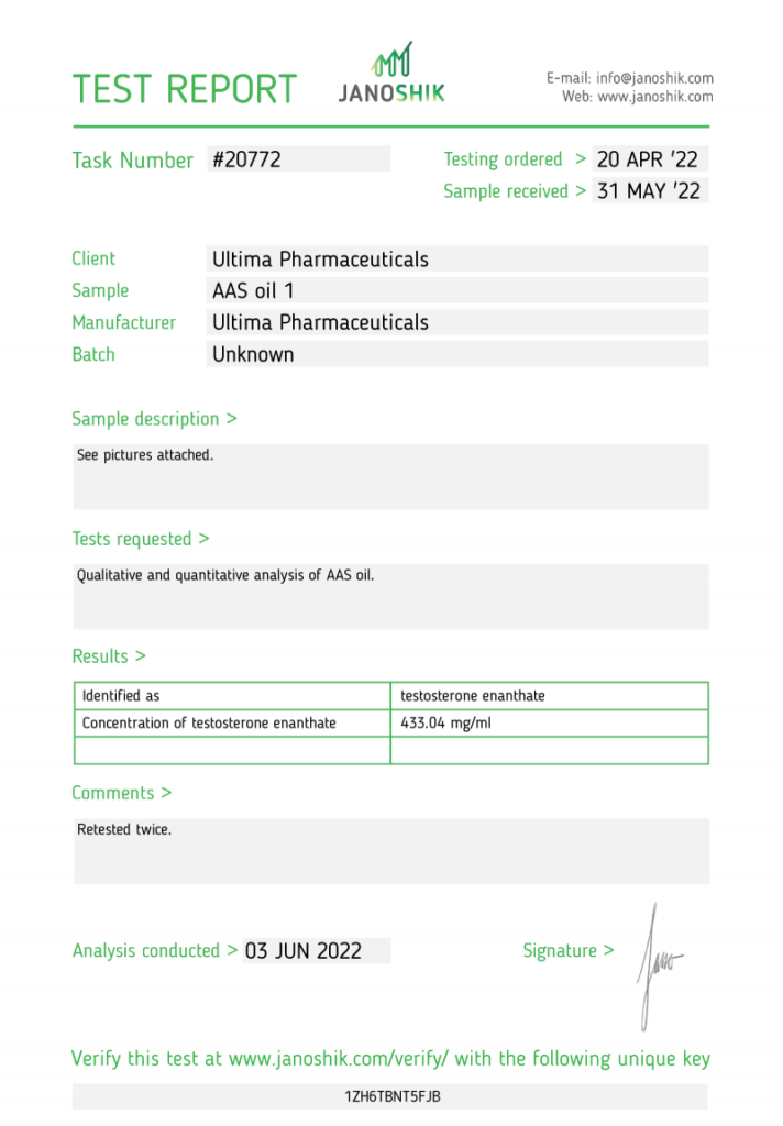 Janoshik lab test for Ultima Test E 400mg showing 433.04 mg (108% potency)