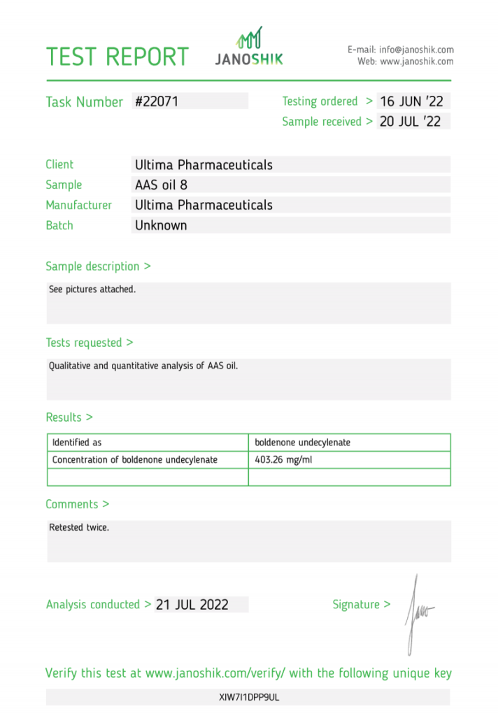 Janoshik lab test for Ultima EQ 500mg showing 403.26 mg (81% potency)