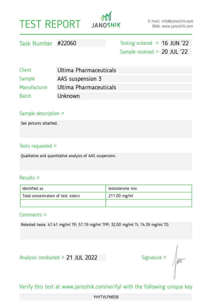 Janoshik lab test for Ultima Sust 250mg showing 211.00 mg (84% potency)