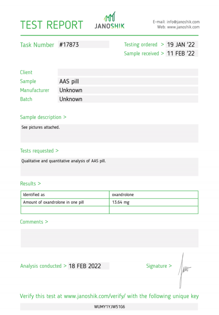 Janoshik lab test for Ultima Oxandrolone 10mg showing 13.64 mg (136% potency &mdash; overdosed)