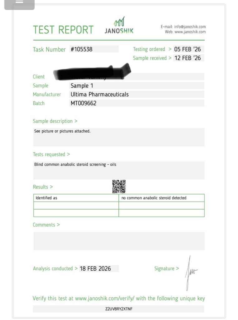 Janoshik lab test for Ultima Test E 250 batch MT009662 showing NO anabolic steroid detected &mdash; CRITICAL FAIL
