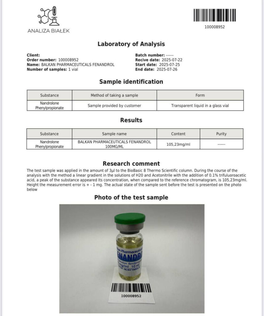 Analiza Bialek lab test for Balkan Pharmaceuticals Fenandrol (NPP 100) showing 105.23 mg/ml (105% potency)