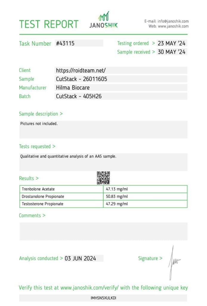 Janoshik lab test for Hilma Biocare Cut Stack 150 showing Tren A 47.13mg, Drost P 50.83mg, Test P 47.29mg