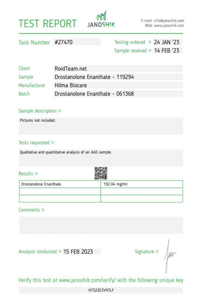 Janoshik lab test for Hilma Biocare Drostanolone Enanthate 200mg showing 192.04 mg (96% potency)