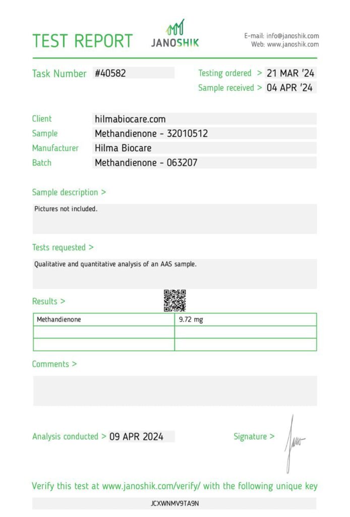 Janoshik lab test for Hilma Biocare Methandienone 10mg showing 9.72 mg (97% potency)