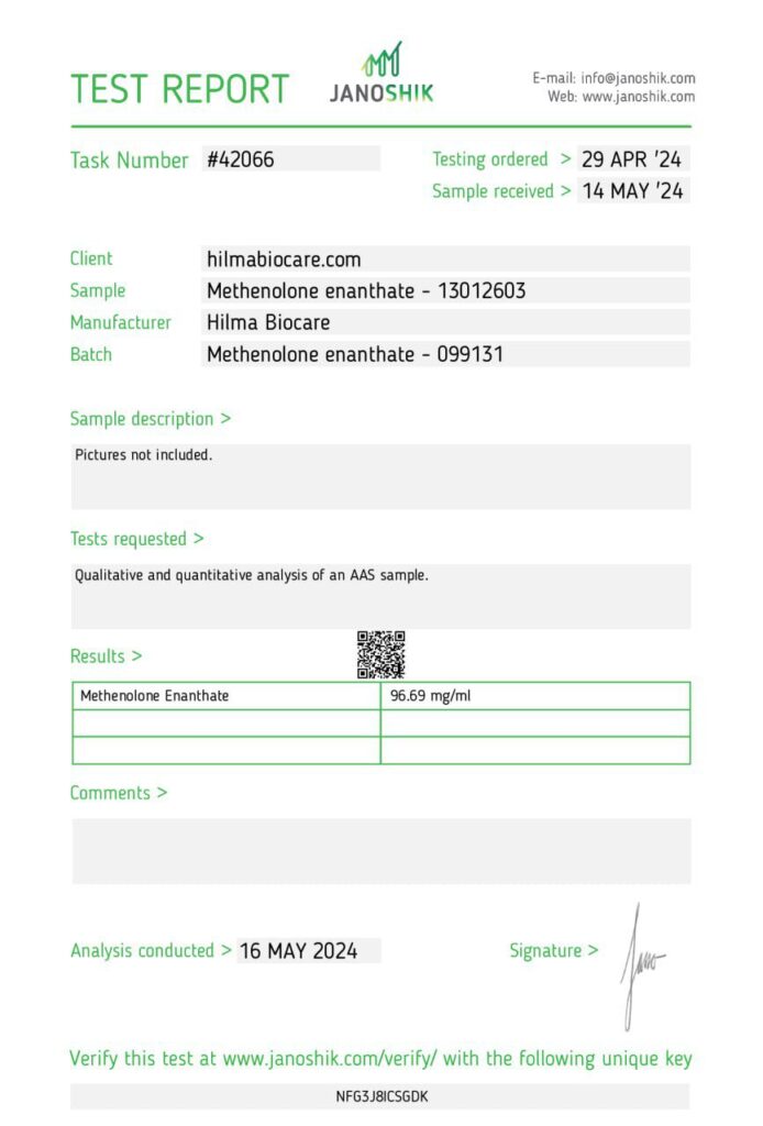 Janoshik lab test for Hilma Biocare Methenolone Enanthate 100mg showing 96.69 mg (97% potency)