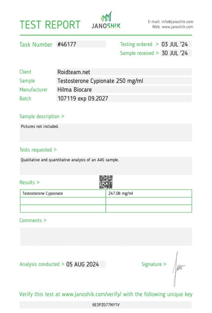 Janoshik lab test for Hilma Biocare Test C 250mg showing 247.08 mg (99% potency)