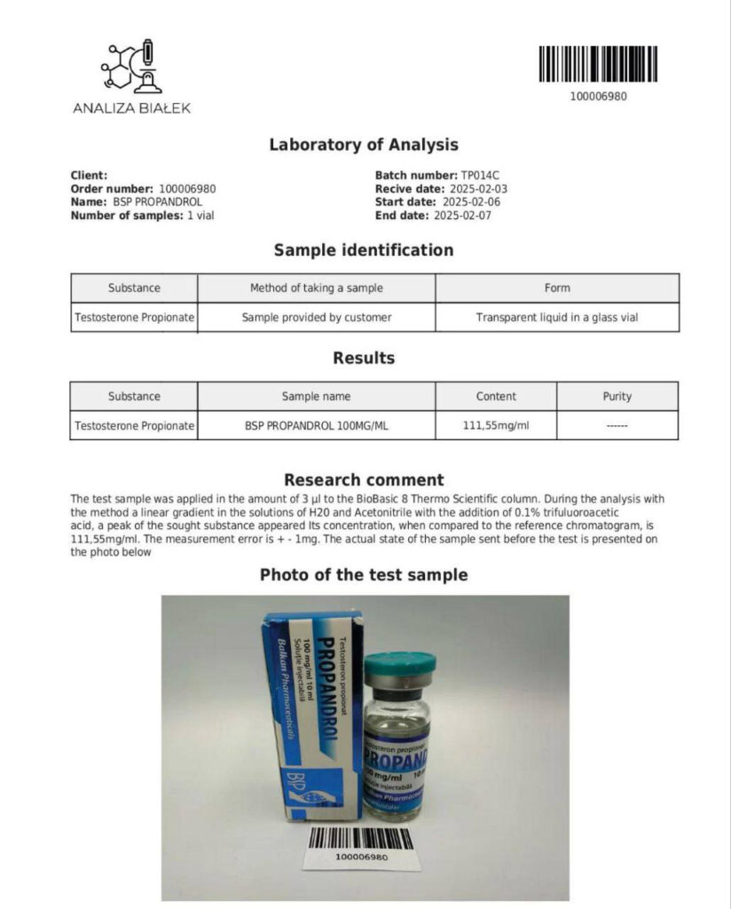 Analiza Bialek lab test for Balkan Pharmaceuticals Propandrol (Test P 100) showing 111.55 mg/ml (112% potency)